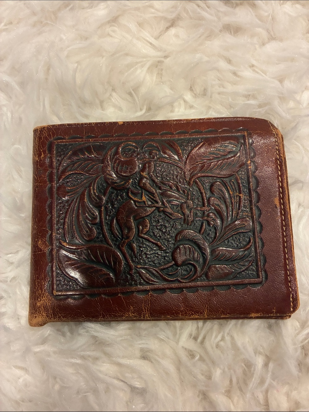 Craft Brown Tooled Leather Bifold Wallet with Western Horse Design